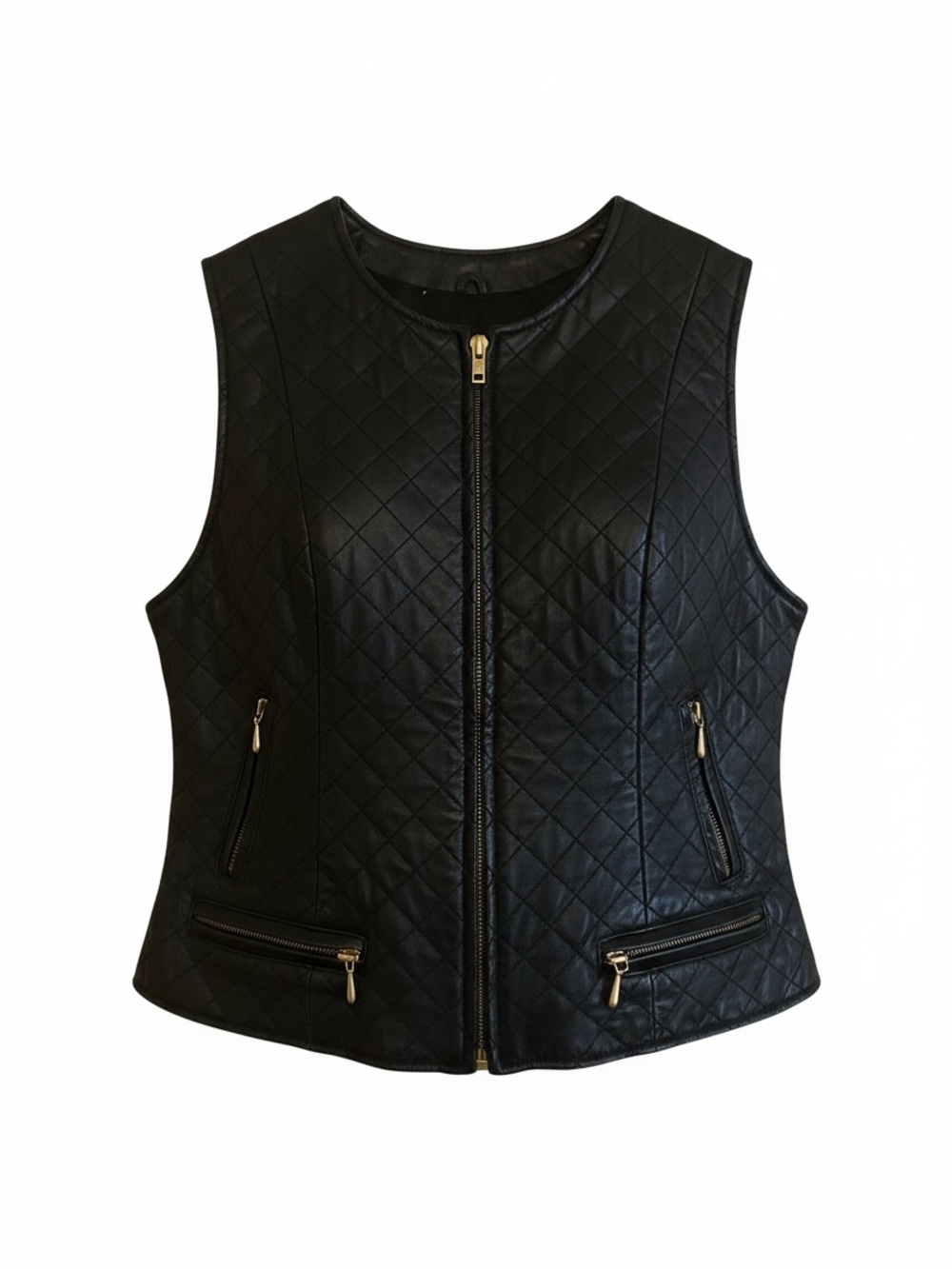 The Limited Black Quilted 100% Leather Vest with Gold Zippers